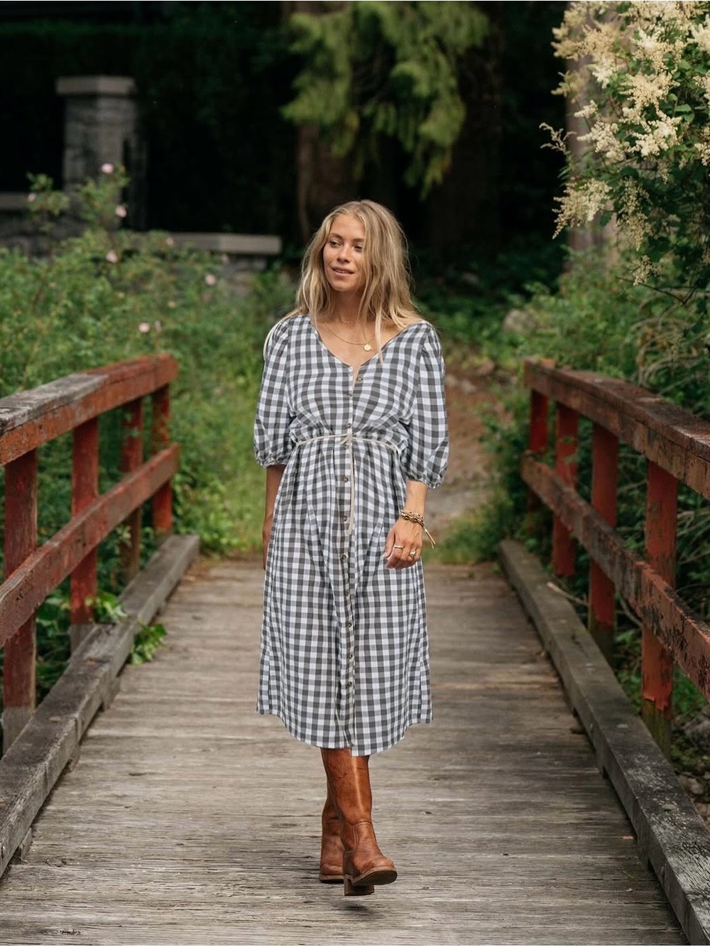 Jackson Rowe Gingham Puff Sleeve Button Front Midi Dress S